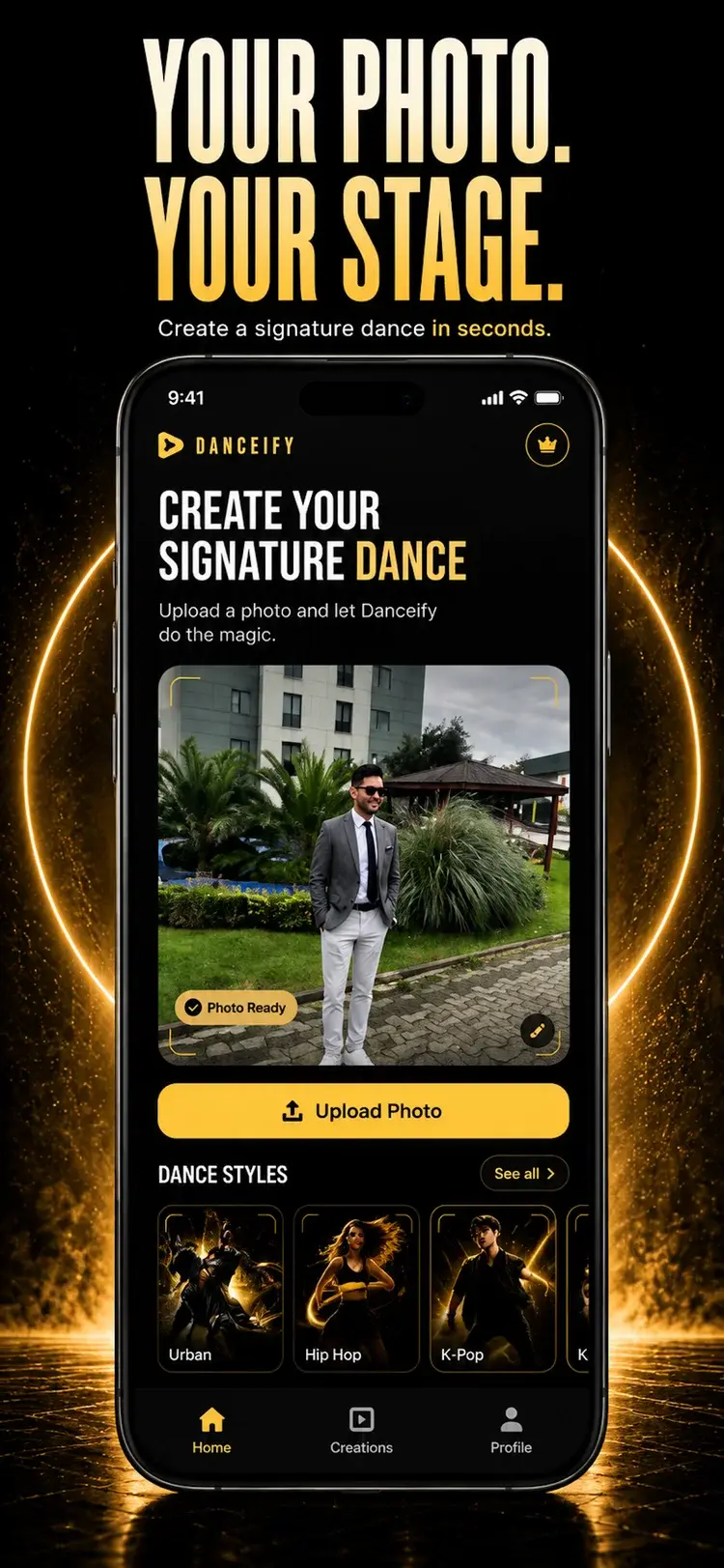 Danceify promotional mockup showing a selected portrait, Upload Photo action and dance-style choices