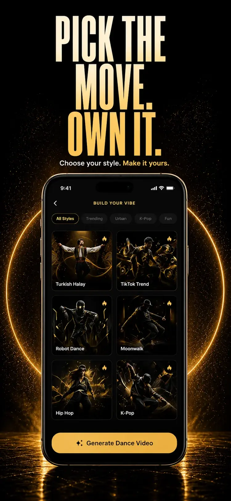 Danceify promotional mockup with Turkish Halay, Robot Dance, Moonwalk, Hip Hop and K-Pop style choices