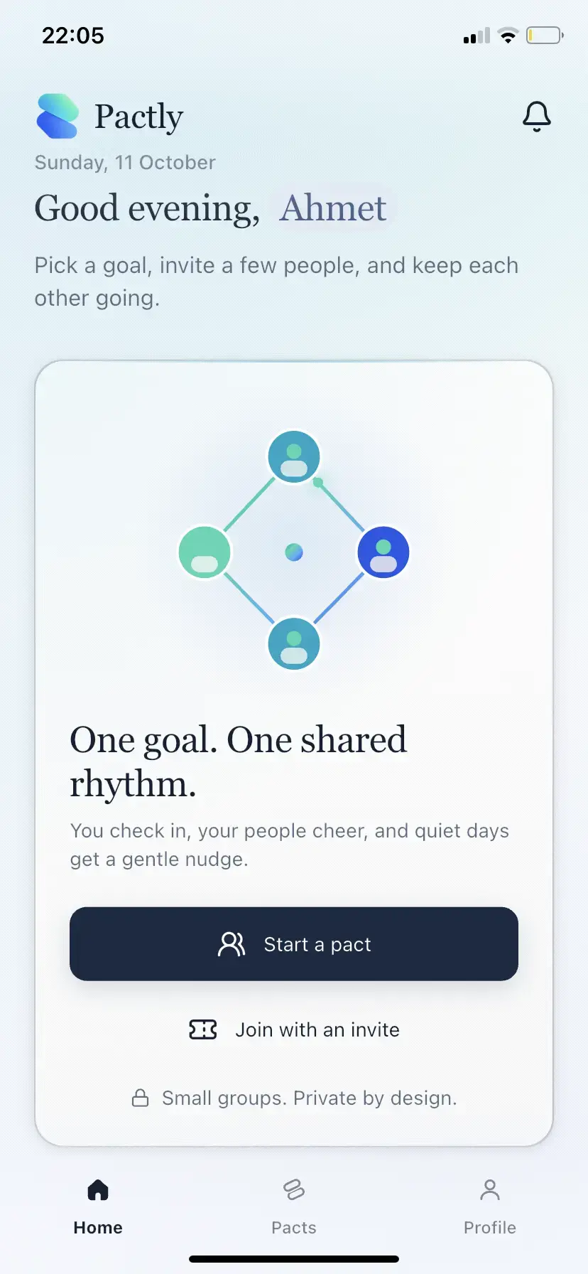 Pactly home greeting Ahmet with Start a pact and Join with an invite actions