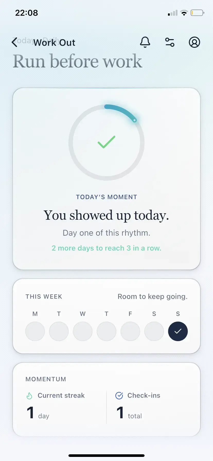 Pactly Work Out check-in with You showed up today, a weekly calendar and one recorded check-in