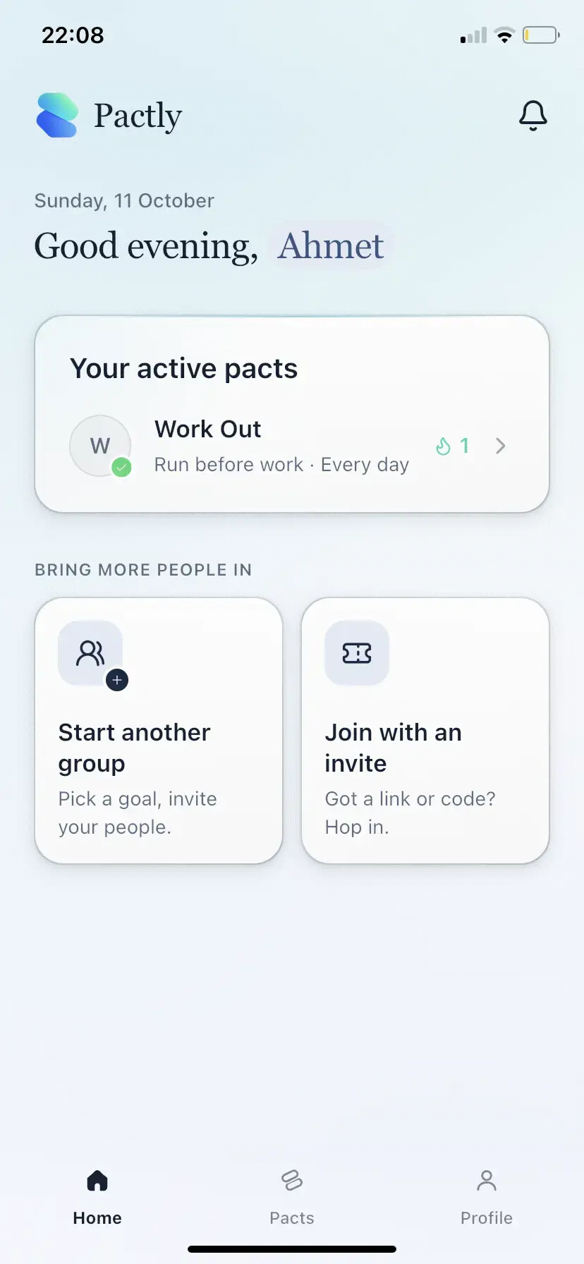 Pactly active pacts showing Work Out, the Run before work daily goal, and options to start or join a group