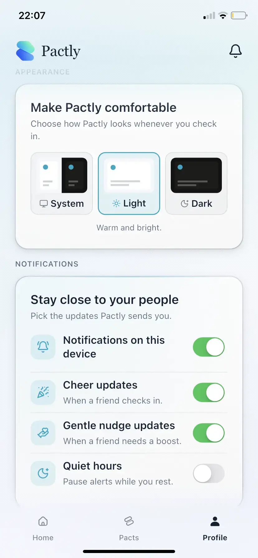 Pactly settings with light appearance, cheer updates, gentle nudge updates and a quiet-hours control