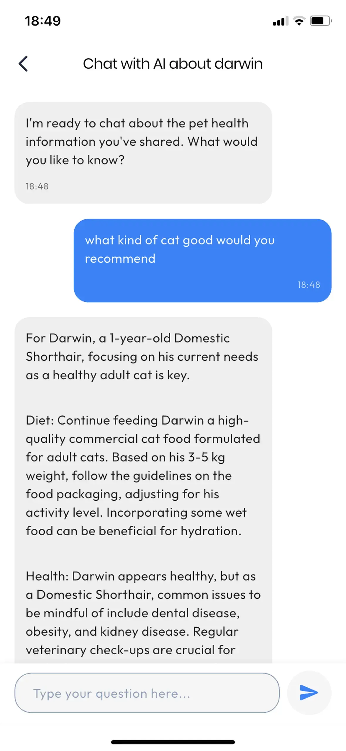PetAI follow-up chat about Darwin showing a food question and a response using the pet's context