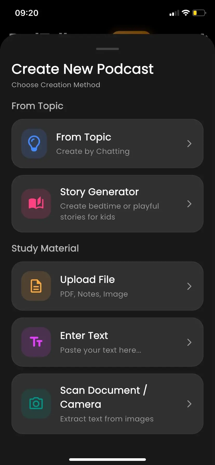 Create New Podcast menu with topic, story, file upload, text, and document scan options
