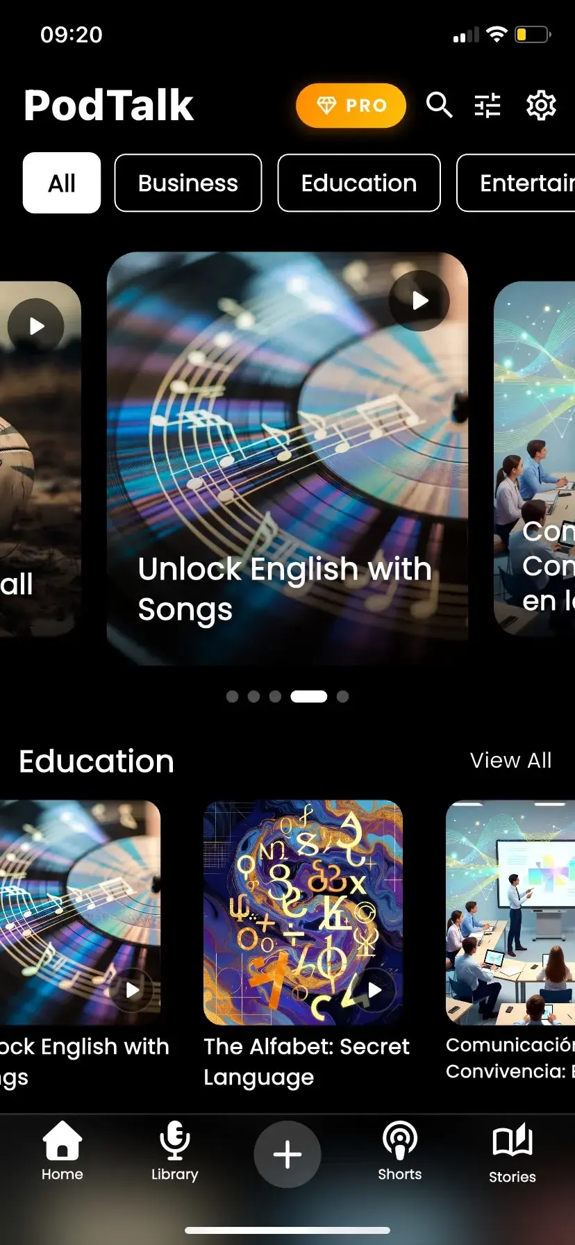 PodTalk library with category filters, featured podcasts, and education episodes