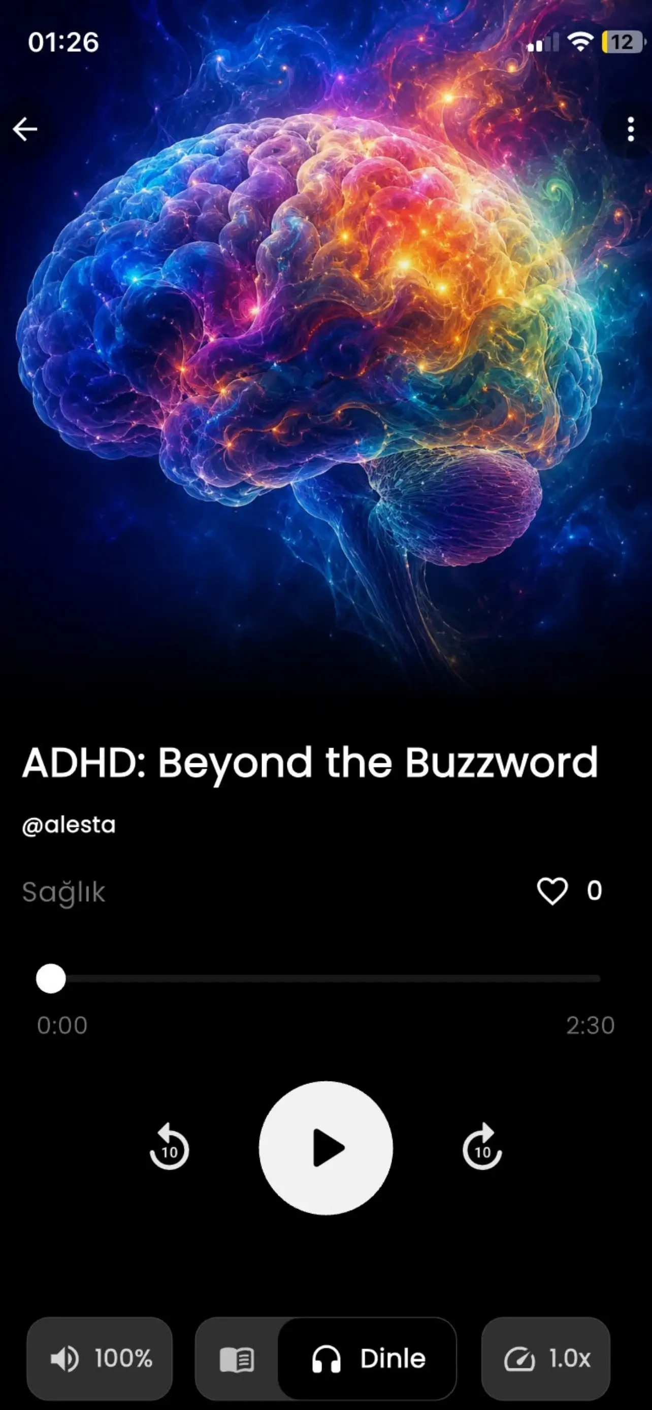 PodTalk episode player showing ADHD: Beyond the Buzzword, a timeline, ten-second skip buttons, volume, and playback speed
