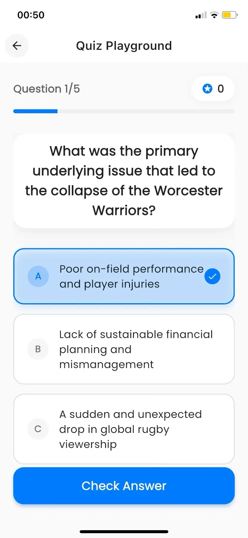PodTalk Quiz Playground with a multiple-choice question, a selected answer, progress, and Check Answer control