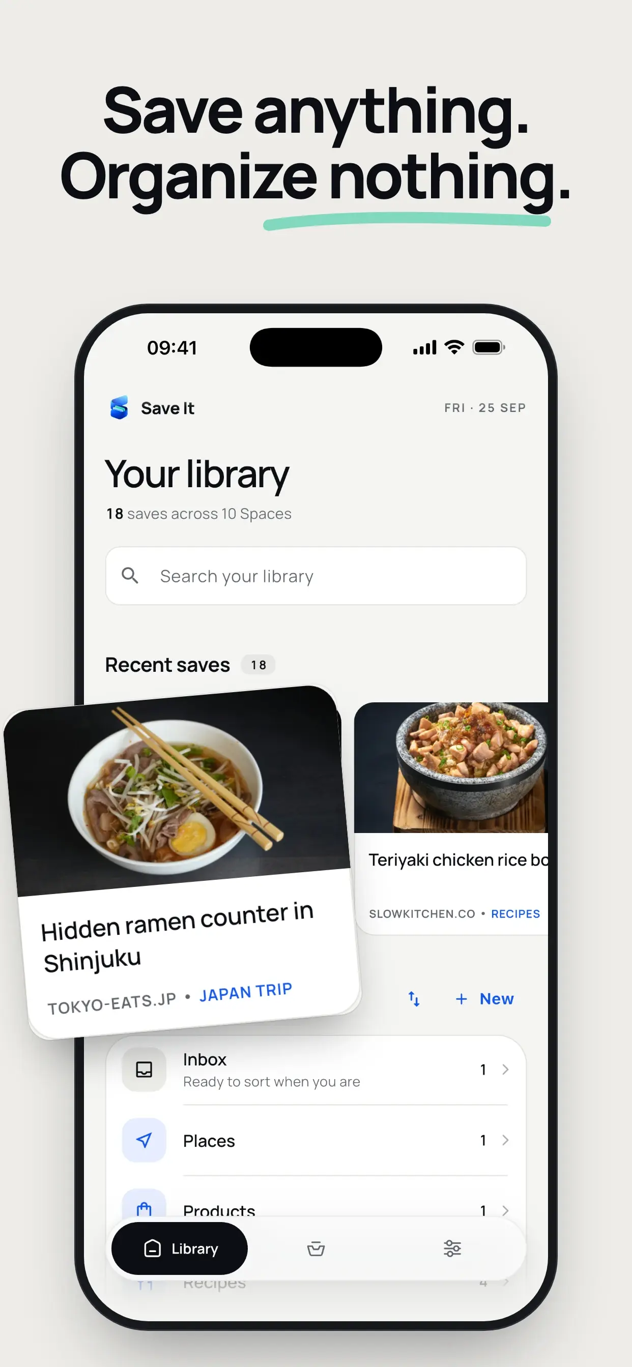 Save It library with recent links, an Inbox, and intent-based Spaces