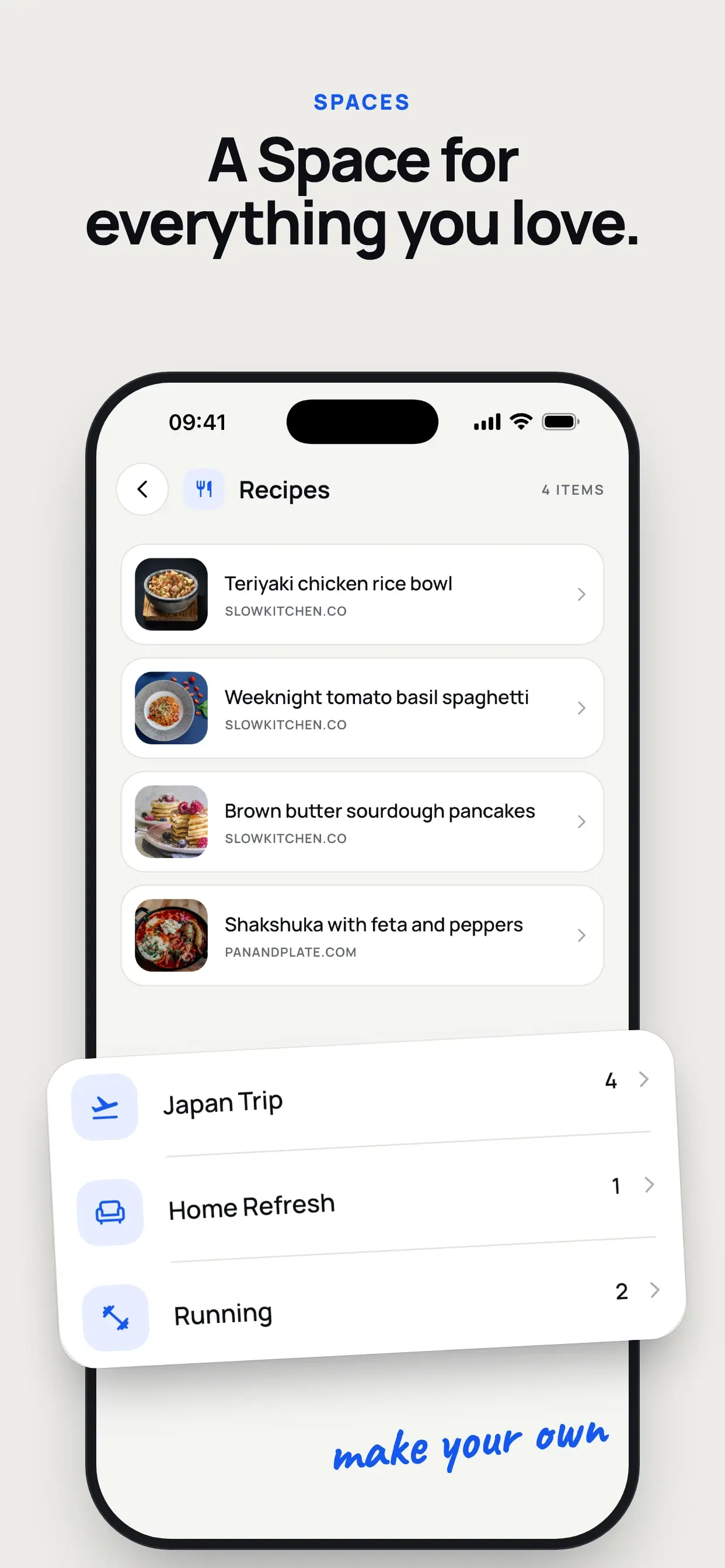 Recipes Space with saved dishes and custom Spaces including Japan Trip and Home Refresh