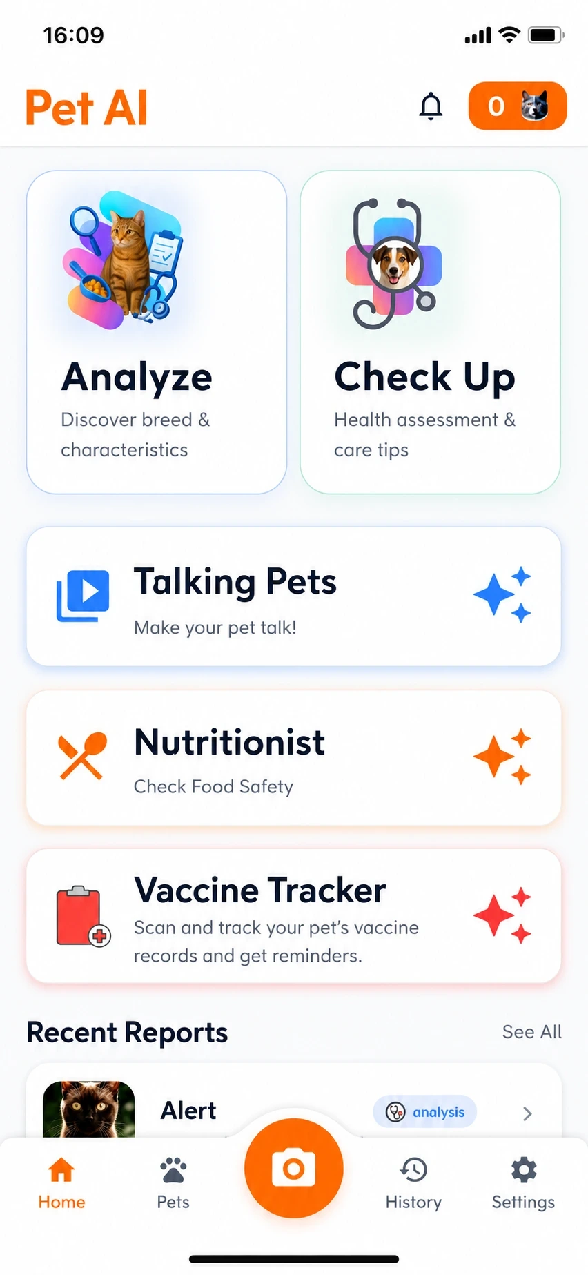 PetAI home screen with pet care tools