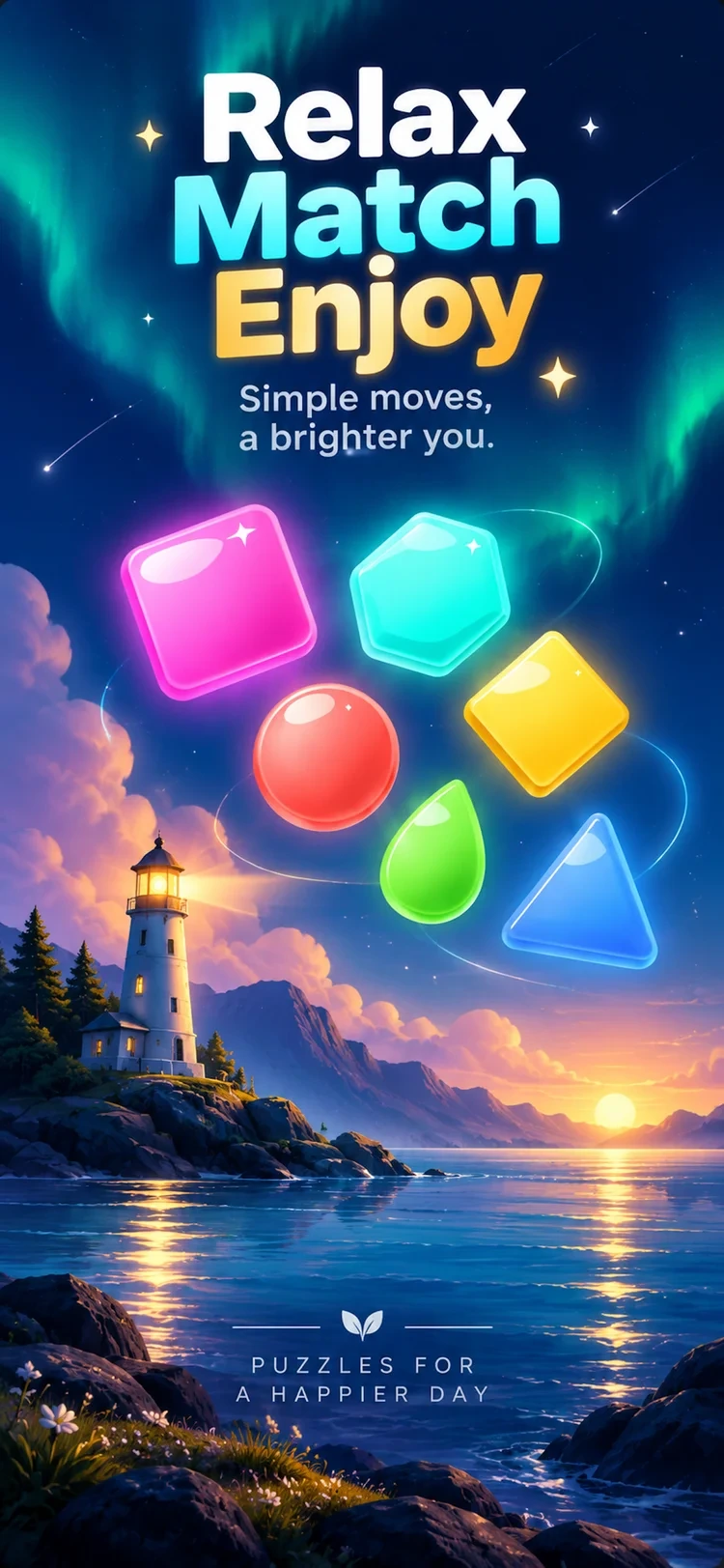 Pikoza promotional artwork with colourful puzzle pieces above a coastal lighthouse