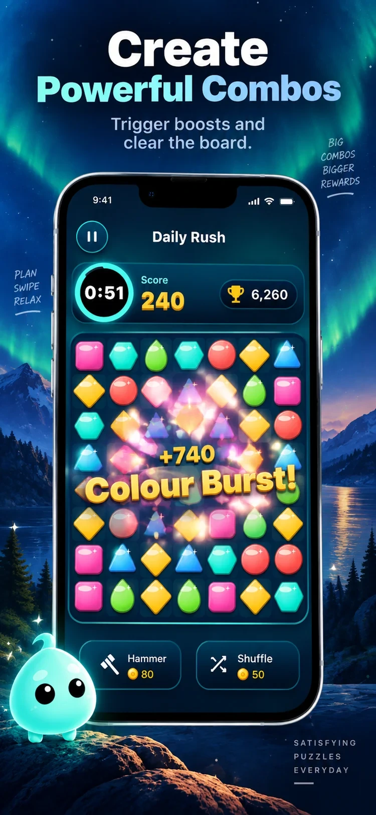 Pikoza promotional mockup of Daily Rush with a timer and a Colour Burst combo