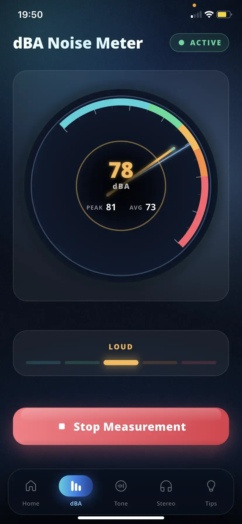 Headphone Cleaner ambient sound meter displaying an estimated 78 dBA, peak 81 and average 73