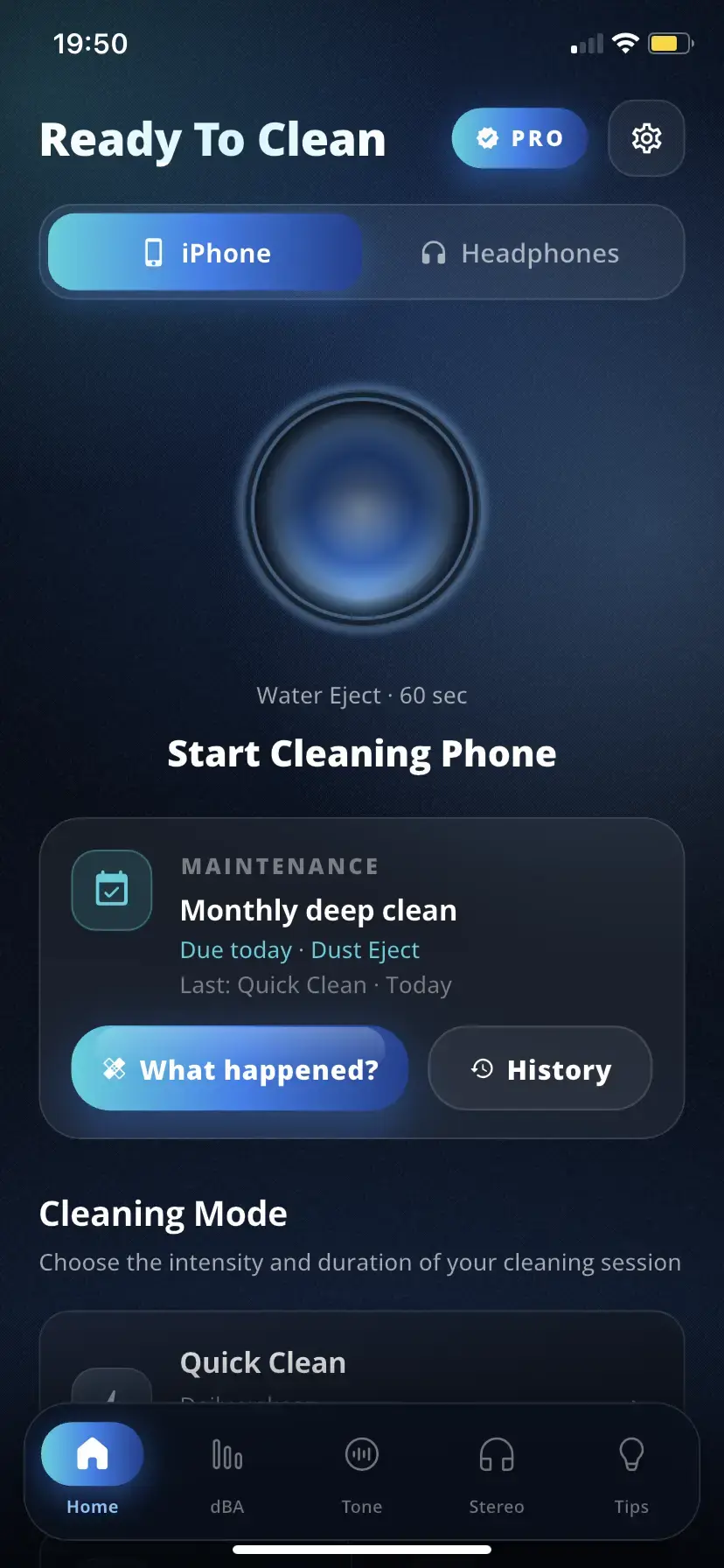 Headphone Cleaner with phone and headphone output choices, Water Eject selected and maintenance history