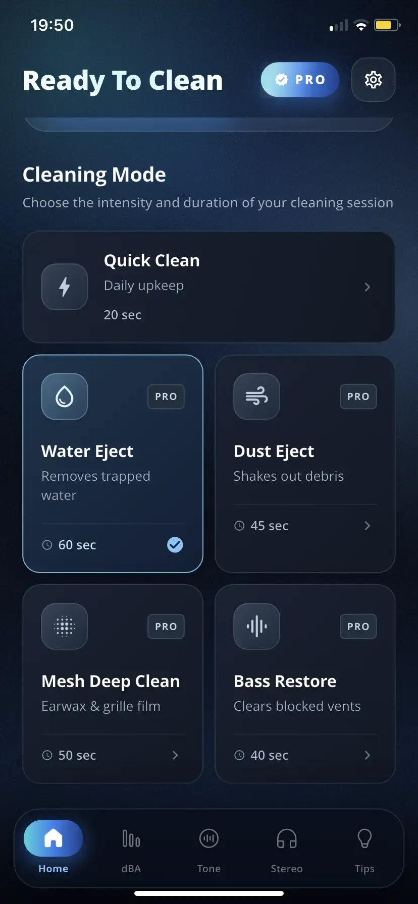 Headphone Cleaner mode selection showing Quick Clean, Water Eject, Dust Eject, Mesh Deep Clean and Bass Restore