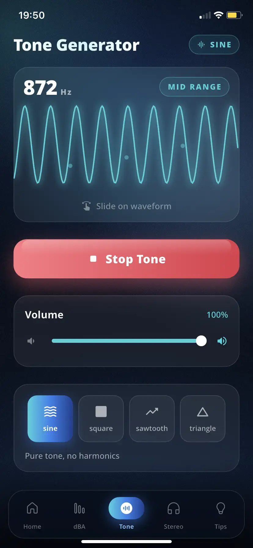 Headphone Cleaner tone generator playing an 872 Hz sine wave with volume and waveform controls