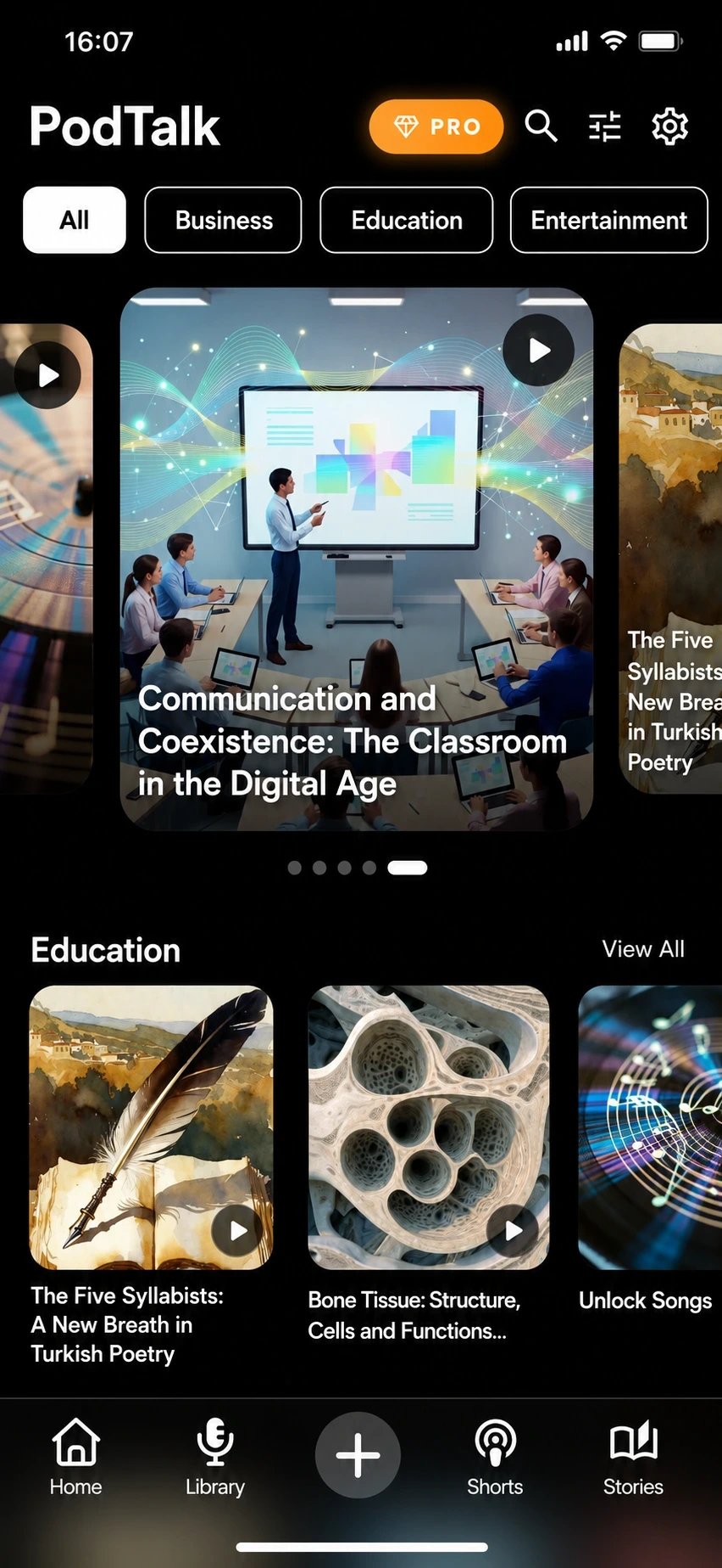PodTalk home screen with personalised podcast categories